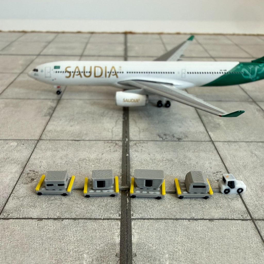 für Herpa Wings 1:500 / 1:400 5x Cargo Trolleys Tug & Cart + Container